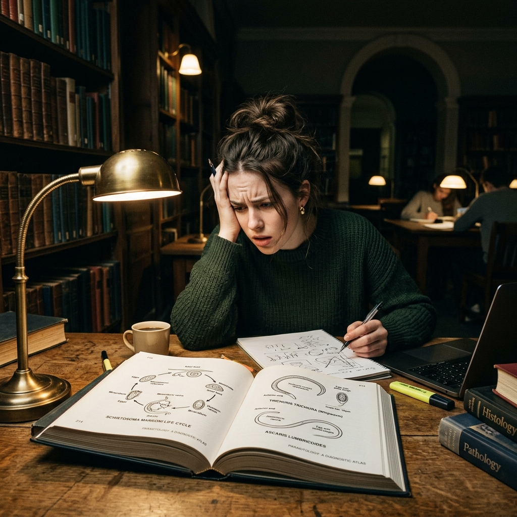 Estudante olhando desenho esquemático do livro, confuso